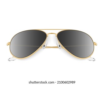 Beautiful gold colored glasses with black lenses on a white background