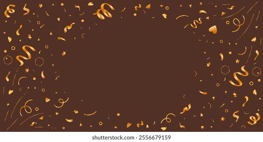 Beautiful Gold Confetti Background in for Celebrations and Holidays. Party confetti decorations. Anniversary frame isolated on dark background