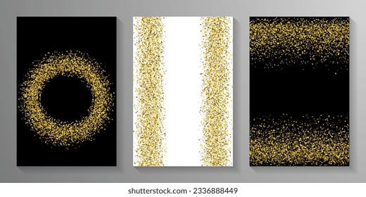 Hermoso patrón de dispersión de polvo de confeti dorado. Ruido de partículas de estrella del círculo cuadrado triangular. Materiales de fiesta. Contenti de grano de gránulos de cruz brillante. Decoración de vacaciones chispa brillante