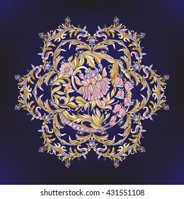 Beautiful gold and Deco Vintage flowers Mandala on black background. Patterned Design Element, Ethnic Amulet Vector illustration.