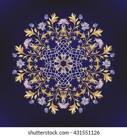 Beautiful gold and Deco Vintage flowers Mandala on black background. Patterned Design Element, Ethnic Amulet Vector illustration.