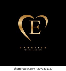 beautiful gold E logo design with love. gold letter E logo with heart. beauty logos. love logo. suitable for business logo, product promotion, marketing, company, etc