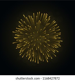 Beautiful gold firework. Bright firework isolated on black background. Light golden decoration firework for Christmas, New Year celebration, holiday, festival, birthday card Vector illustration