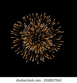 Beautiful gold firework. Couple romantic golden salute isolated on black background. Decoration firework for Christmas, New Year, Valentine Day celebration, holiday Vector illustration
