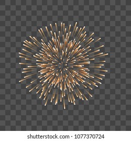 Beautiful gold firework. Couple romantic golden salute, isolated transparent background. Decoration firework for Christmas, New Year, Valentine Day celebration, holiday Vector illustration