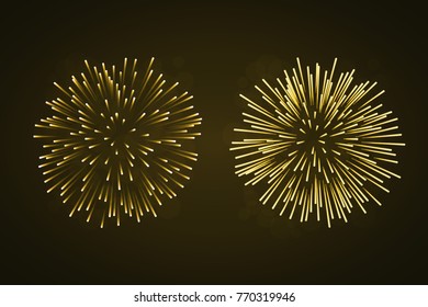 Beautiful gold fireworks set. Bright fireworks isolated black background. Light golden decoration fireworks for Christmas, New Year celebration, holiday festival, birthday card Vector illustration