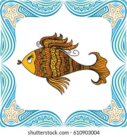 Beautiful gold fish and sea frame. Vector illustration.