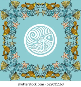 Beautiful gold fish and sea. Vector illustration.