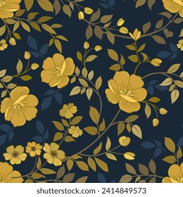 Beautiful gold flowers and leaf on dark blue color background seamless pattern. This pattern can be used for fabric textile wallpaper background.