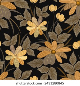  Beautiful gold flowers and leaf on black color background seamless pattern. This pattern can be used for fabric textile wallpaper background.