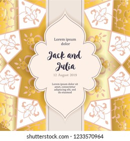 Beautiful gold greeting card. Vector illustration. Arab, Indian ornament. Invitation to a wedding, birthday, party and other holidays