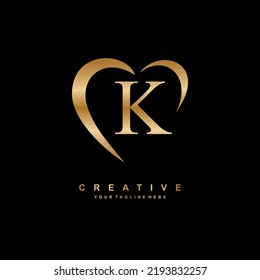beautiful gold K logo design with love. gold letter K logo with heart. beauty logos. love logo. suitable for business logo, product promotion, marketing, company, etc