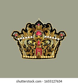 Beautiful gold king crown patch. Vector illustration.