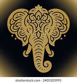 Beautiful gold line art ornamental elephant head pattern. Modern glow vector background with patterned elephant . Indian style ethnic ornaments. Ornate trendy isolated design. Logo. Element. Tattoo.