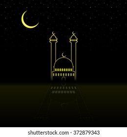 Beautiful Gold Mosque silhouette isolated on black. Ramadan Kareem vector greeting card. Symmetric gold Mosque with minarets and crescent moon at night. Eid Mubarak and Muslim community greeting card.