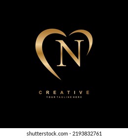 beautiful gold N logo design with love. gold letter N logo with heart. beauty logos. love logo. suitable for business logo, product promotion, marketing, company, etc