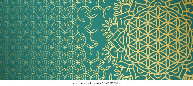 Beautiful gold pattern with symbols of sacral geometry on an emerald background.