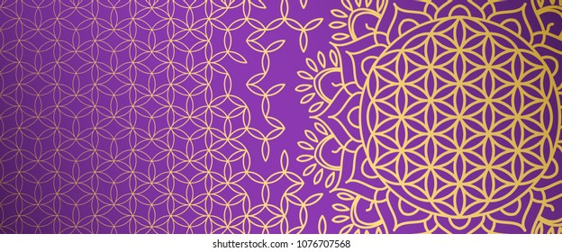 Beautiful gold pattern with symbols of sacral geometry on a purple background.