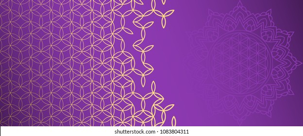 Beautiful gold pattern with symbols of sacral geometry on a purple background.