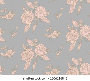 Hermoso patrón dorado y rosado sin costuras con rosas, hojas. Líneas de contorno dibujadas a mano. Diseñar la tarjeta de saludo y la invitación a la boda, el Día de San Valentín, el Día de la Madre, papel de envoltura. Vector.