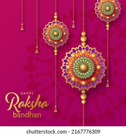 Beautiful gold raksha bandhan greeting card  with color background.