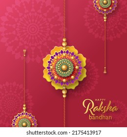 Hermosa tarjeta de bienvenida dorada raksha bandhan con fondo de color.