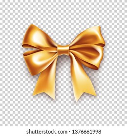 Beautiful gold ribbon bow with shadow isolated on transparent background. Realistic decoration for holidays gifts. Beautiful decor object vector illustration. Wedding or valentine's day decoration.