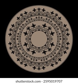 Beautiful gold round frame with arabesques. Vintage European golden black plate with floral ornament. For round surfac, textile, embroidery, porcelain, sandblast, laser cutting, engraving, ceramic.