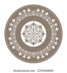 Bela armação redonda de ouro arabescos. Placa branca dourada com design floral. Vintage, quadro de vetor étnico com arabescos EPS. Moldura padrão para superfícies redondas, têxteis, bordados, placa, porcelana