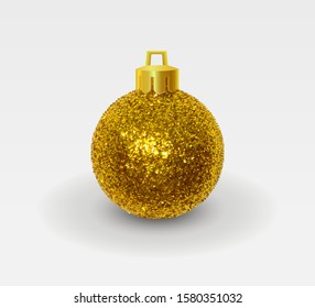 Beautiful gold shiny Christmas ball made from sequins hanging on shiny thread. Golden christmas decoration with sparkles for festive mood. Desidn element isolated on white. Realistic 3D vector