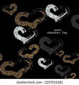 Hermoso fondo dorado y plateado, diseño de fondo vectorial con partículas de polvo en forma de corazones sobre fondo negro, trazos de pincel, elemento de diseño