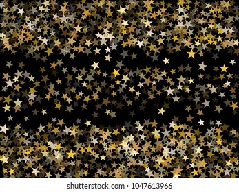 Beautiful gold star dust sparkle vector background. Glitter stardust confetti, shining sparkles pattern design on black. Glowing gold stars vector, tinsel lights background. Poster backdrop.