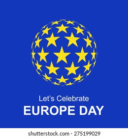 beautiful gold star globe circle set. Let's celebrate Europe day. 9 May European union vintage badge label, banner template blue background. Europe Flag paper design, vector illustration.
