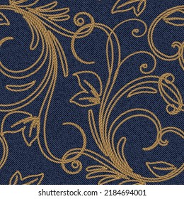 Beautiful gold string floral 3d seamless pattern. Textured denim jeans background. Tapestry repeat vector backdrop. Vintage swirls lines flowers embroidery ornament on jeans material. Endless texture.