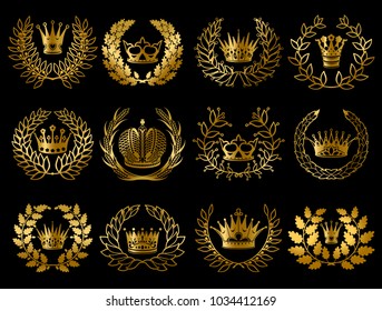 Beautiful gold wreathes set with wheat ears oak laurel olive branches and royal crowns isolated vector illustration