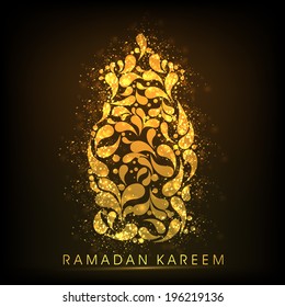 Beautiful golden arabic lantern decorated by floral design on brown background for holy month of Muslim community Ramadan Kareem. 