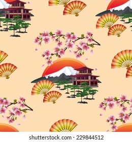 Beautiful golden background seamless pattern with branch of blossoming sakura  - cherry tree, japanese landscape, two fans and traditional japanese house. Floral spring wallpaper. Vector illustration