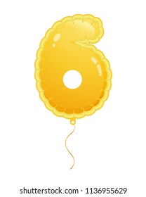 Beautiful golden balloon with number. Decoration for happy children's holiday, anniversary, carnival. Birthday fun kids party celebration. Balloon in form of number six. Vector illustration.