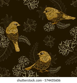 Beautiful golden birds with abstract flowers on the black background. Seamless pattern