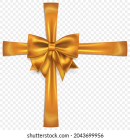Beautiful golden bow with crosswise ribbons with shadow, isolated on transparent background. Transparency only in vector format