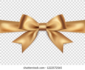 Beautiful golden bow isolated on transparent background, satin bow for gift, surprise, christmas present, birthday. 3D. Vector EPS10