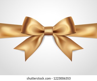 Beautiful golden bow isolated on white background, satin bow for gift, surprise, christmas present, birthday. 3D. Vector EPS10