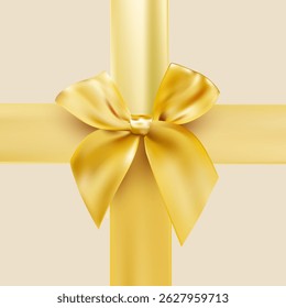 Beautiful golden bow vertical and horizontal gold ribbon. Vector decorative vector yellow bow. Template holiday decoration.