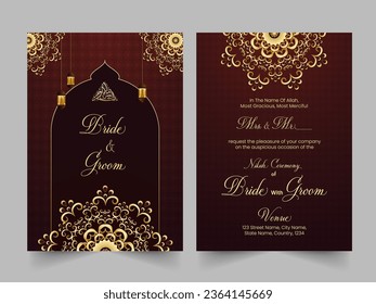 Beautiful Golden and Brown Color Islamic Wedding Invitation Cards with Mandala Pattern in Front and Back Look.