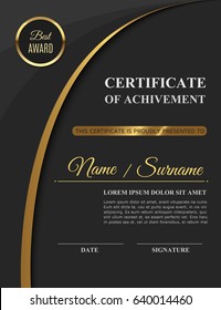 Beautiful golden certificate of achivement template or diploma blank. Best award. Vector illustration, eps10