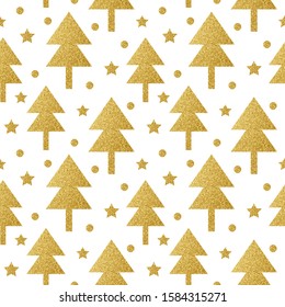 Beautiful Golden Christmas Pattern with Snowflakes, Trees and Stars. Endless Glitter Shape.