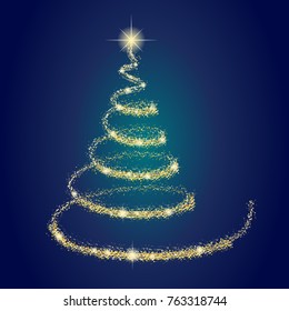 Beautiful golden Christmas tree on dark background. Vector.