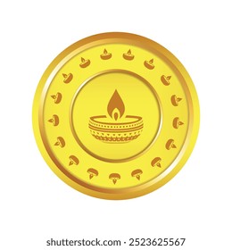 A beautiful golden coin featuring a traditional Diwali diya lamp symbol in the center, surrounded by smaller diya icons. Perfect for festive designs.