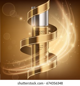 Beautiful golden cosmetic tube with glossy ribbon for ads and promotion. Trendy illustration of cosmetic brand, realistic 3d bottle on a shiny gold background