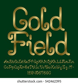 Beautiful golden curly font. Isolated english alphabet of capital and lowercase letters with numbers and punctuation marks. Gold Field text lettering.